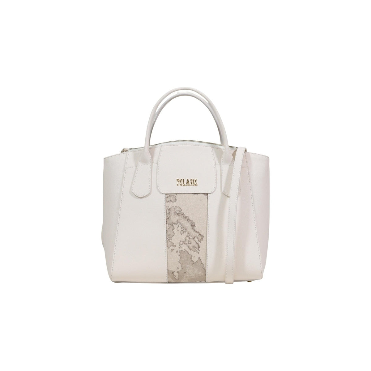 Borsa panna a mano Alviero Martini LD25 con tracolla regolabile, inserto mappa Geo e logo metallico dorato; borsa strutturata media con chiusura a zip, capiente e funzionale. Vista frontale