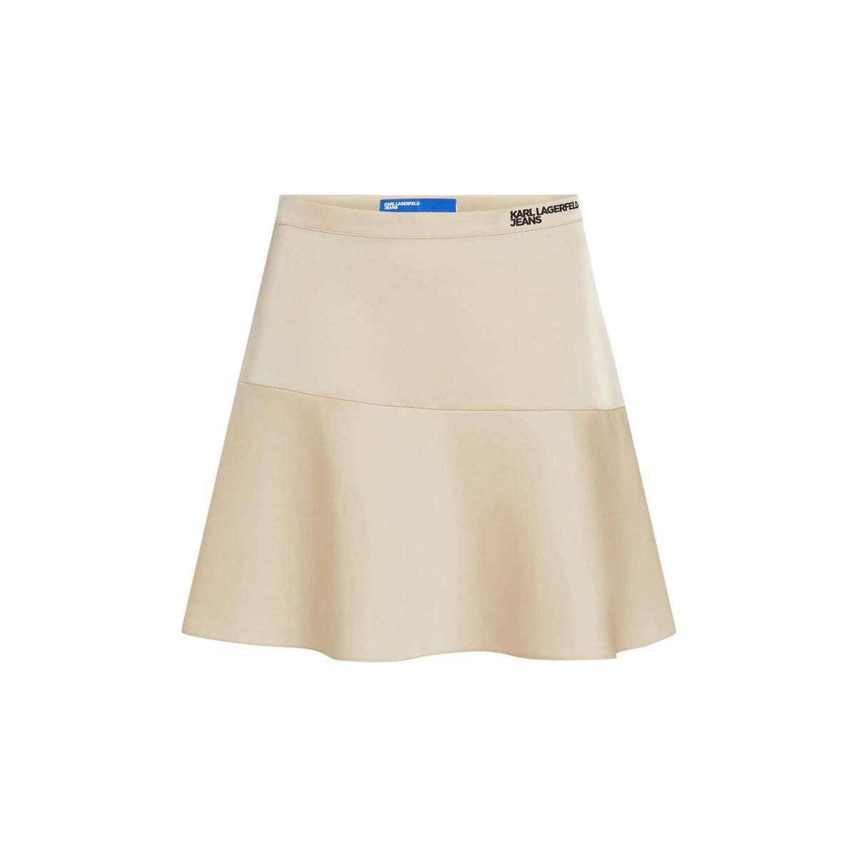 Minigonna Raso Trapezio; 100% Poliestere. Finitura iridescente, zip invisibile, logo ricamato. Gonna corta donna elegante e luminosa per la stagione PE26. Colore beige vista frontale stesa