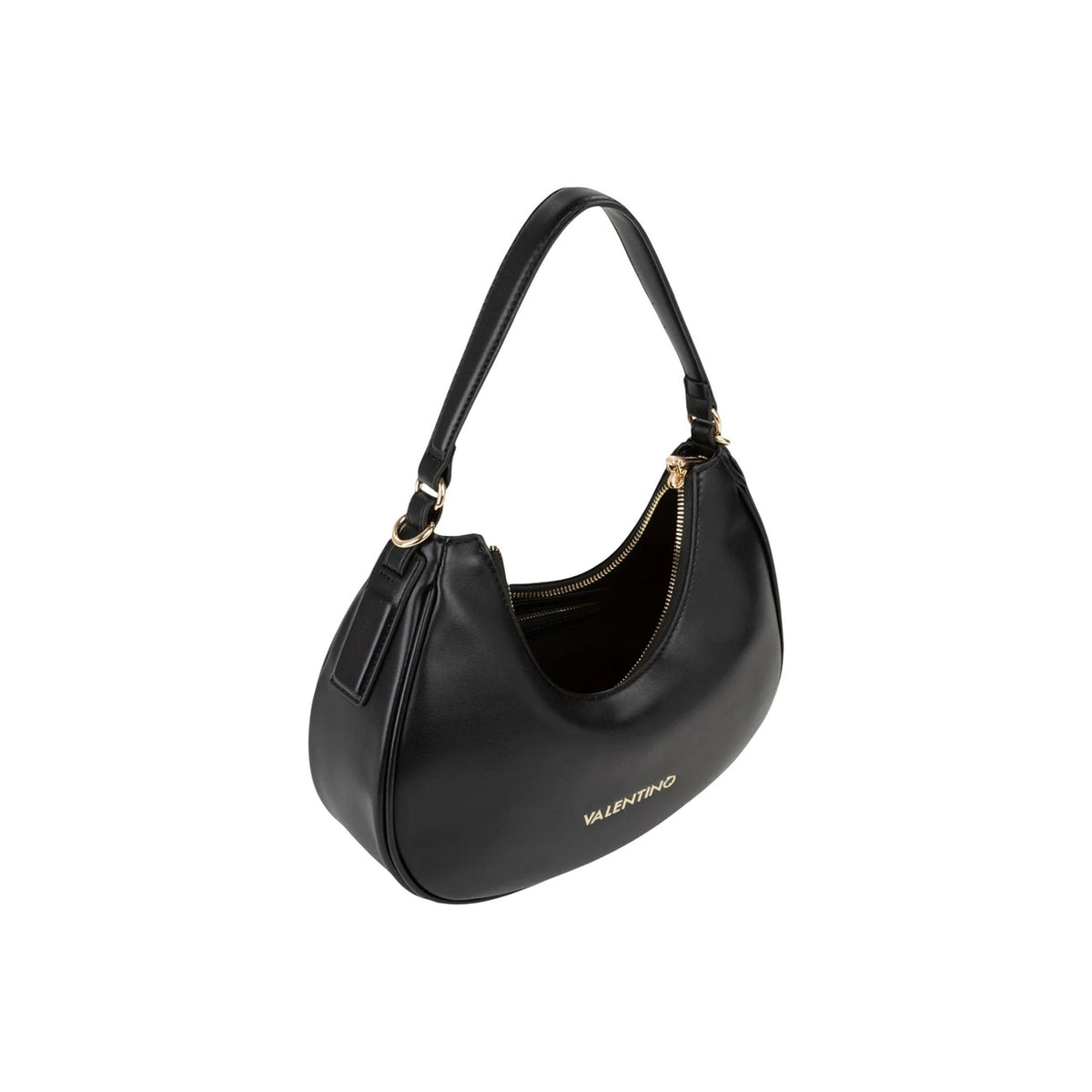 Borsa Media Nera Donna Valentino Bags Clio; Misure 7x22x7 cm. Tessuto 100% poliuretano stile mezzaluna con chiusura a zip. Tracolla a spalla regolabile con finiture e fibbia dorate, stile elegante e casual. Vista aperta