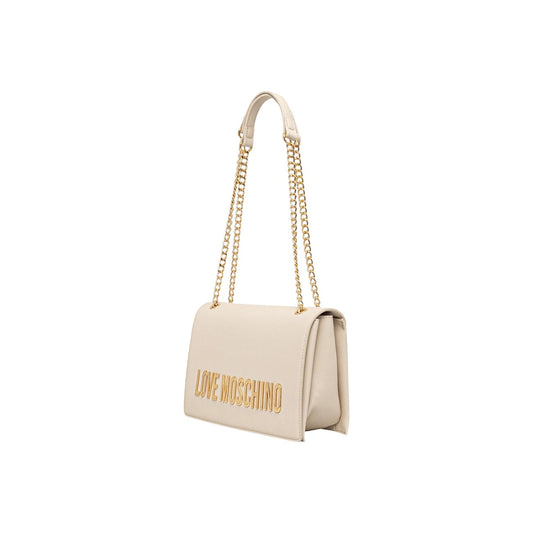 Borsa Love Moschino donna bianca a spalla modello JC4192PP1. Borsetta media con patta bianca, tracolla a catena oro e maxi logo scritte dorate sul davanti, stile elegante, casual chic e da giorno o estate.