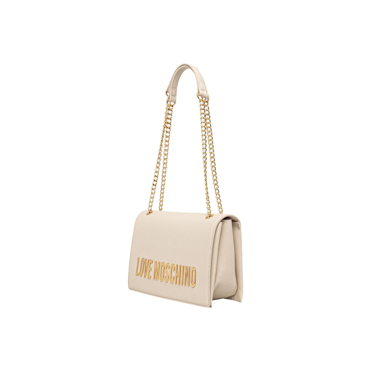 Borsa Love Moschino donna bianca a spalla modello JC4192PP1. Borsetta media con patta bianca, tracolla a catena oro e maxi logo scritte dorate sul davanti, stile elegante, casual chic e da giorno o estate.
