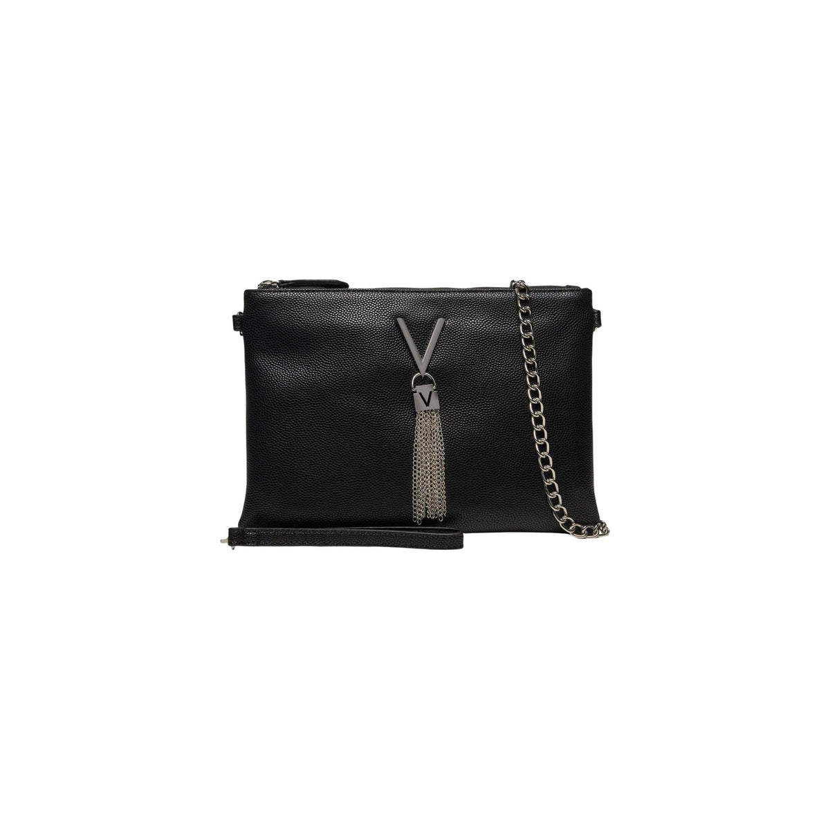 Valentino nera Bags Divina VBS1R419G, pochette con tracolla a catena e nappina dorata; design effetto martellato con chiusura a zip, accessorio versatile per cerimonie o uso quotidiano. Vista frontale