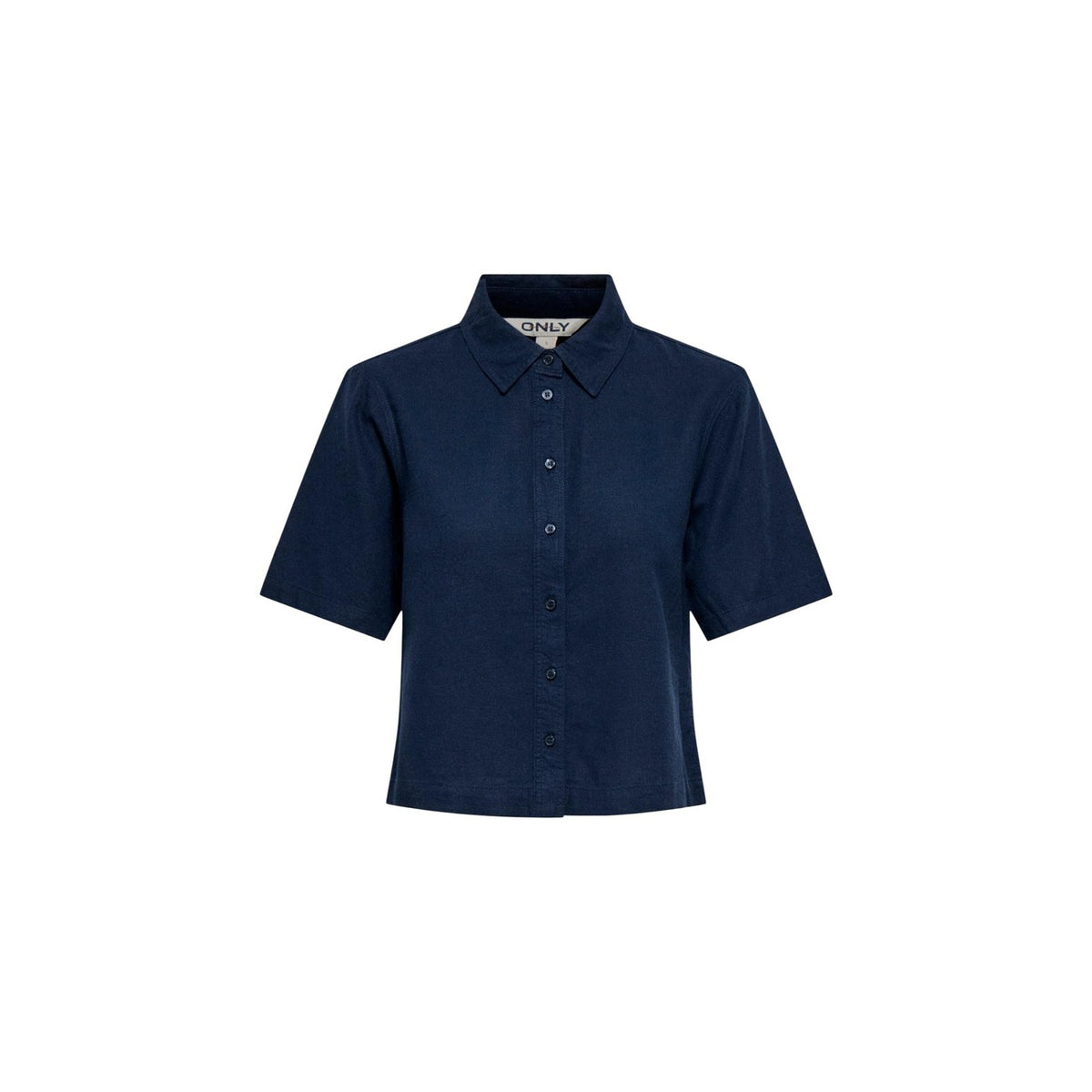 Only ONLGOA camicia; misto lino/viscosa, maniche corte, colletto italiano. La camicia monocromo fresca e versatile per l'estate. Colore blu. Vista frontale Stesa