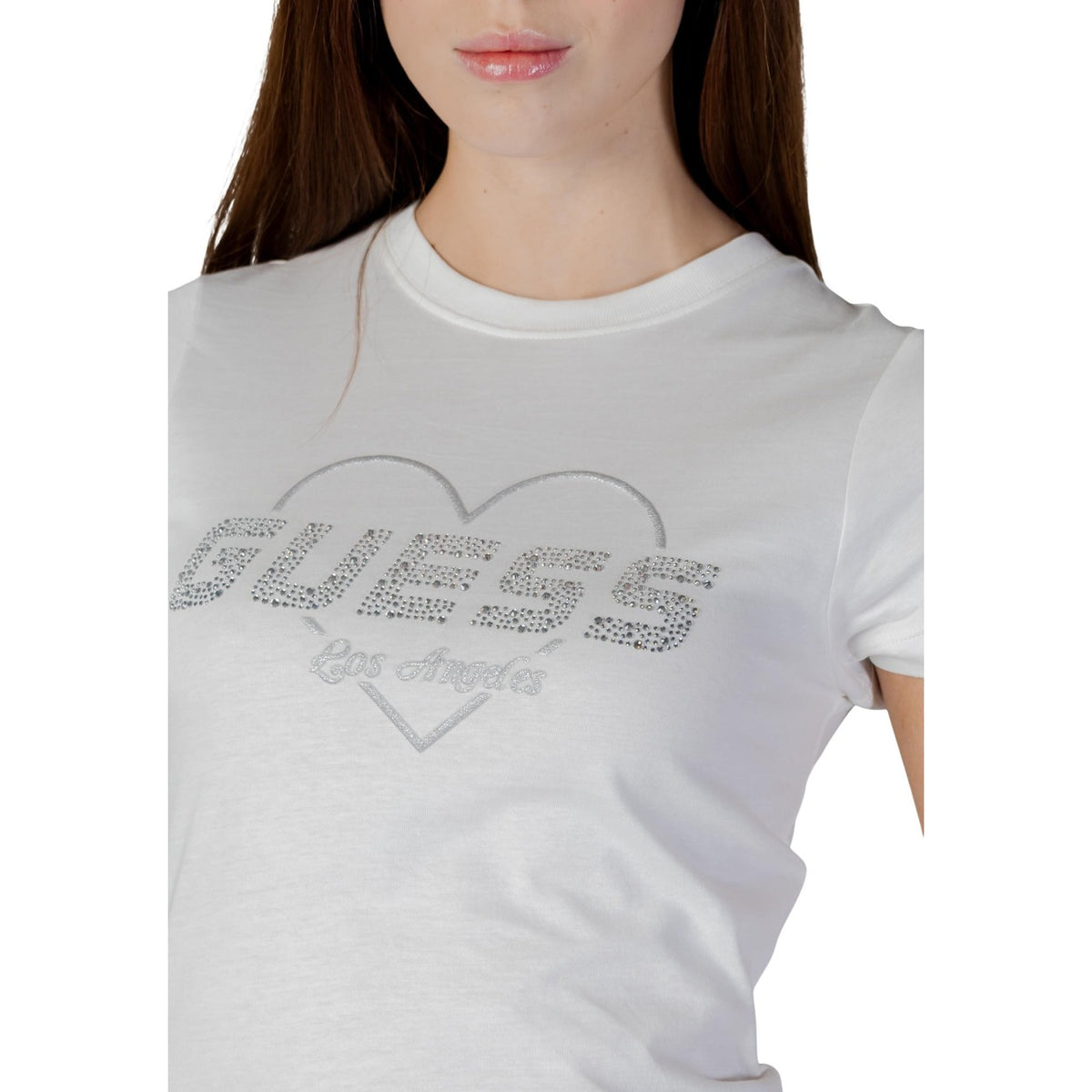 T-shirt Guess Active NARCISO donna bianca con stampa strass maniche corte scollo tondo 100% cotone - dettaglio stampa strass