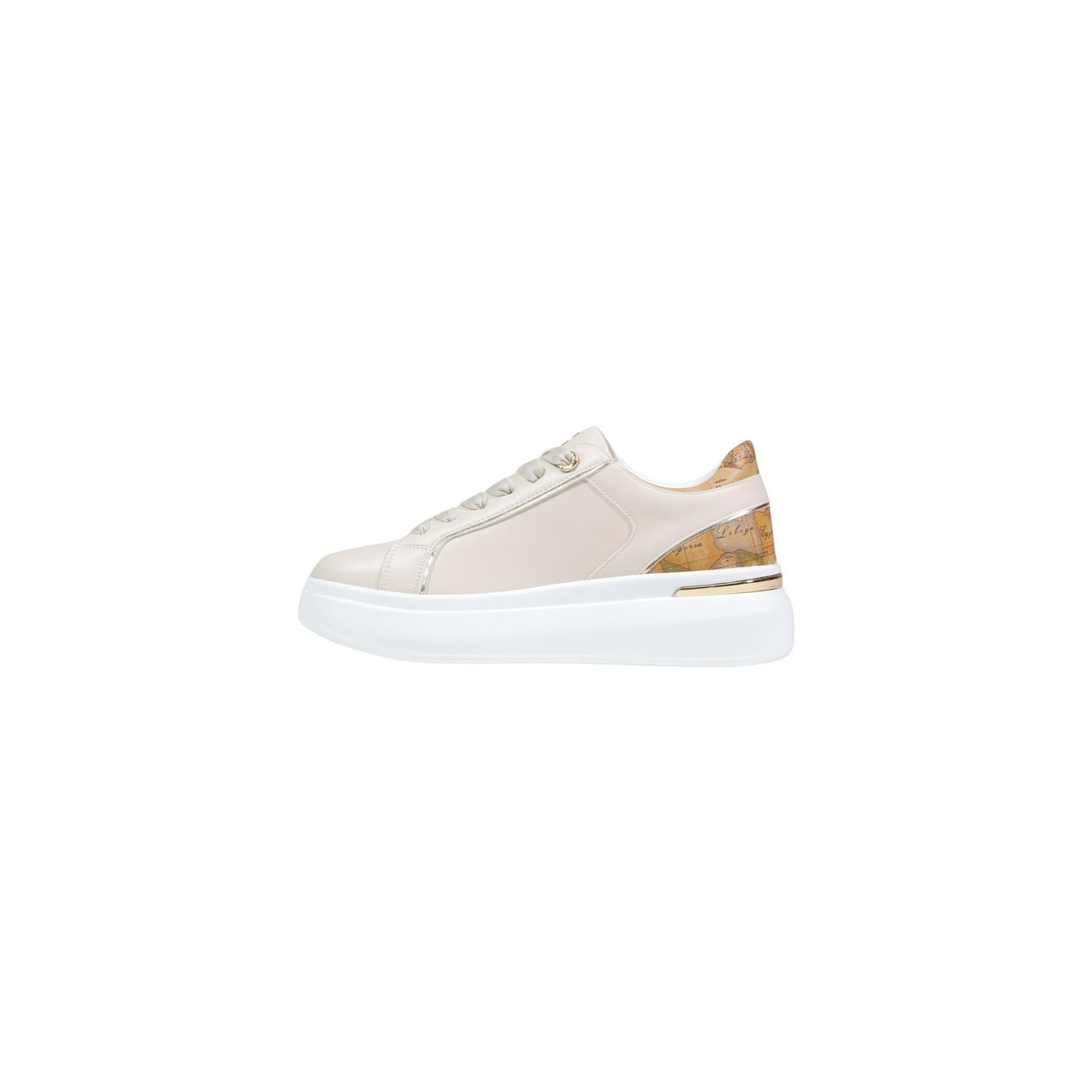Alviero Martini Sneakers Geo Classic; poliuretano, finiture oro, suola rialzata, logo laterale. L'eleganza iconica ai piedi per uno stile casual superiore. Vista laterale