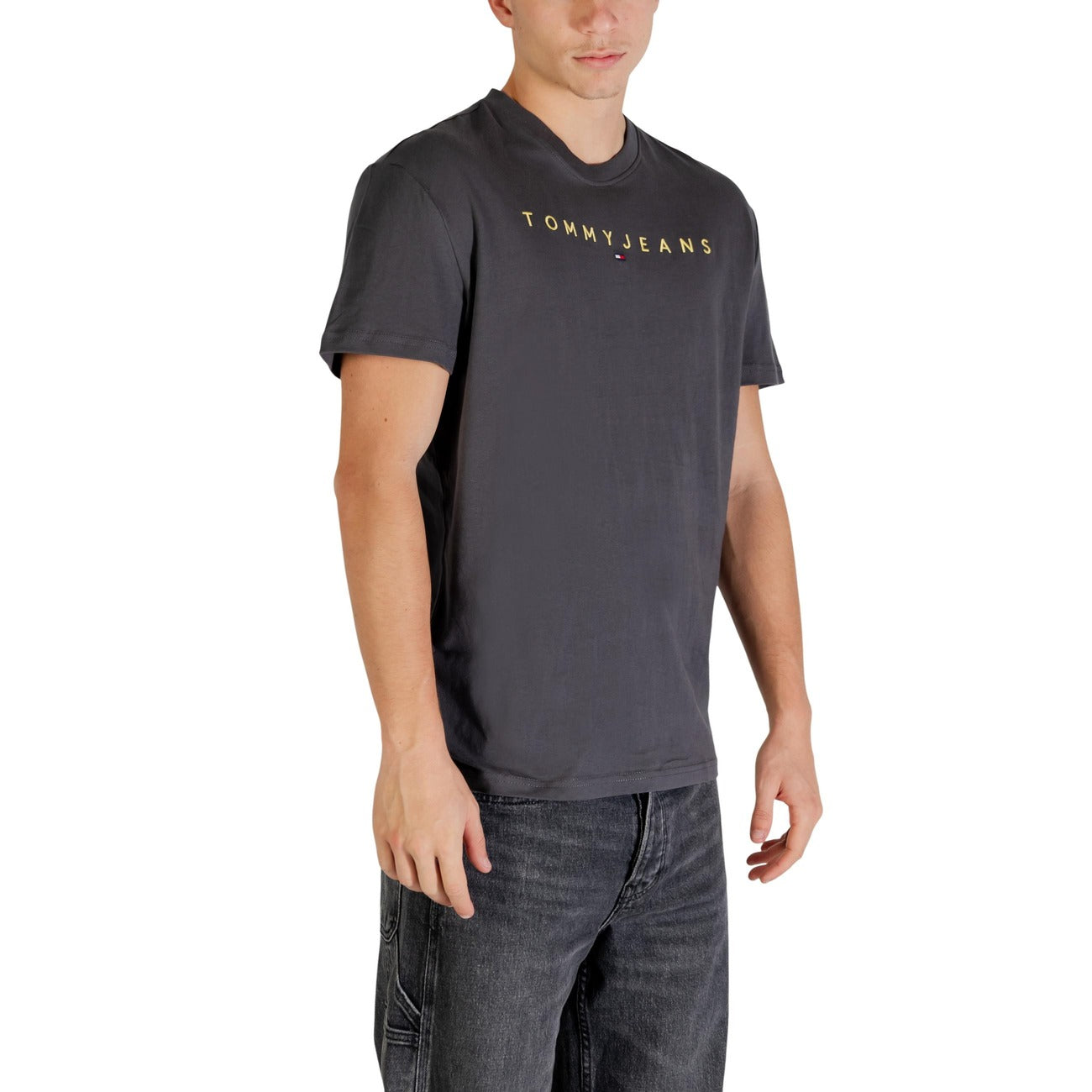 T-shirt Tommy Jeans Linear Logo; 100% Cotone Rigenerato. Regular fit, girocollo, stampa frontale. Maglia uomo eco-friendly, fresca e resistente per outfit quotidiani. Colore grigio scuro vista Laterale