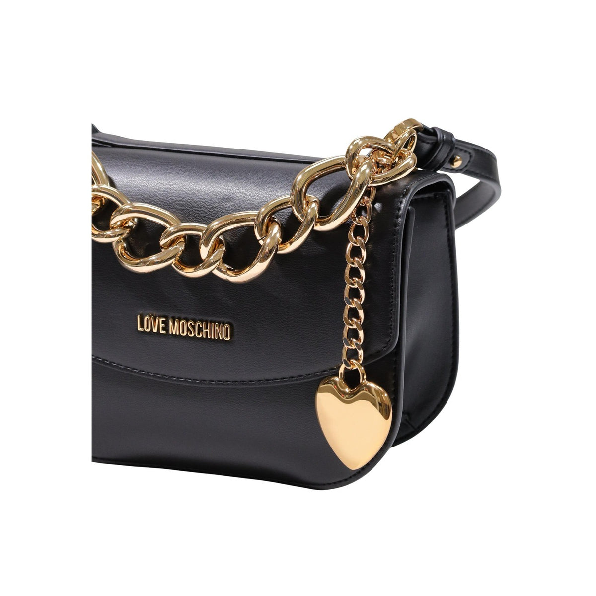 Borsa Love Moschino donna nera a tracolla modello JC4160PP. Borsetta piccola a bandoliera nera con catenella oro decorativa, ciondolo a cuore e zip stile casual chic, elegante e da sera.