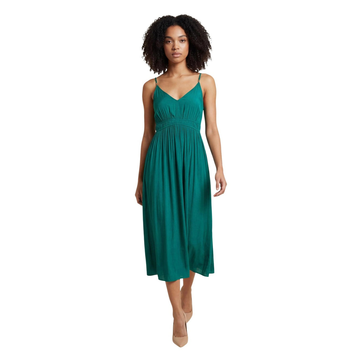 Abito midi verde Morgan De Toi Roiya, 100% poliestere leggero, scollatura a V e spalline regolabili; vestibilità fluida e design senza tempo per eventi formali. Vista frontale