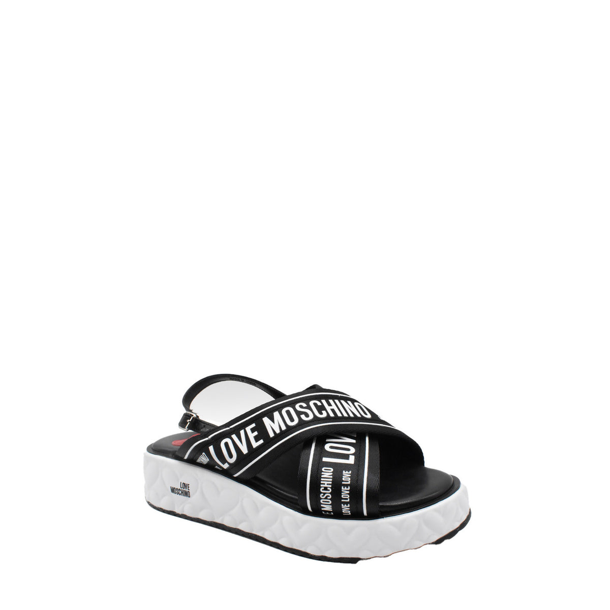 Sandali Love Moschino donna neri in pelle modello B_44919. Sandalo estivo basso in vera pelle nera con suola in gomma confortevole, calzatura flat di marca comoda ed elegante per la stagione calda.