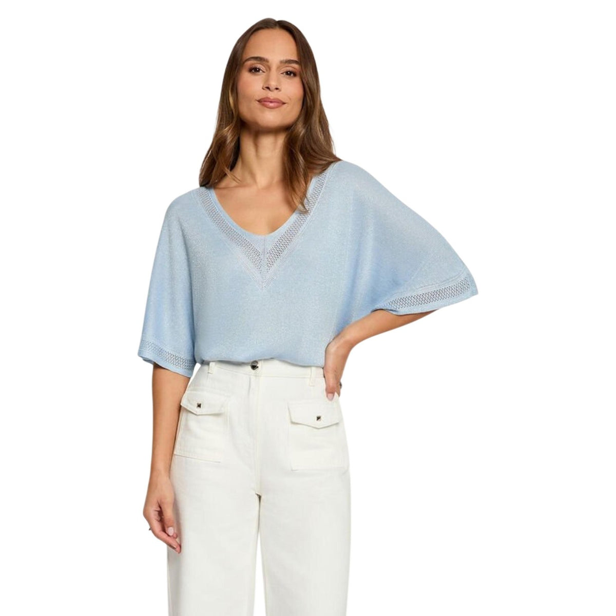 Morgan De Toi 241-MCHRIS, maglia donna in filo azzurra ; composizione in viscosa e metallo, manica corta, stile pull-on versatile e luminoso. Vista frontale