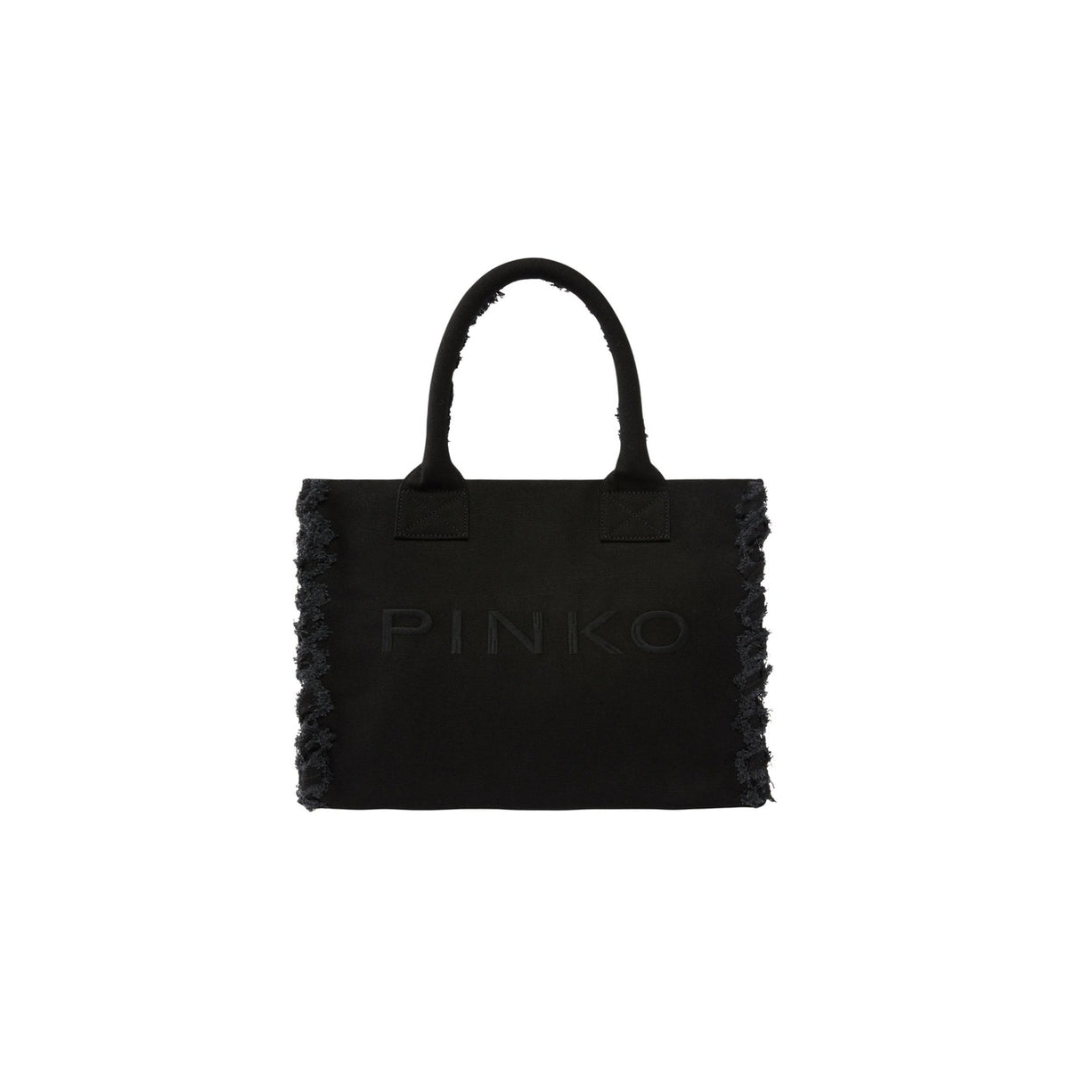 Shopper Pinko Beach Canvas; 100% Cotone. Bordi sfrangiati, logo ricamato, manici a spalla. Borsa grande estiva, morbida e resistente. Stile chic naturale. Colore nero vista frontale