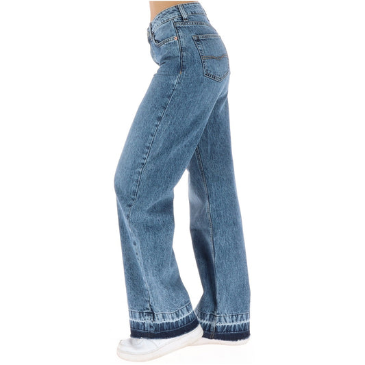 Jeans blu donna vita alta gamba dritta Pepe Jeans PL20510814S52. Pantaloni denim straight fit in tessuto flessibile con tencel, impunture e patch in pelle con logo.