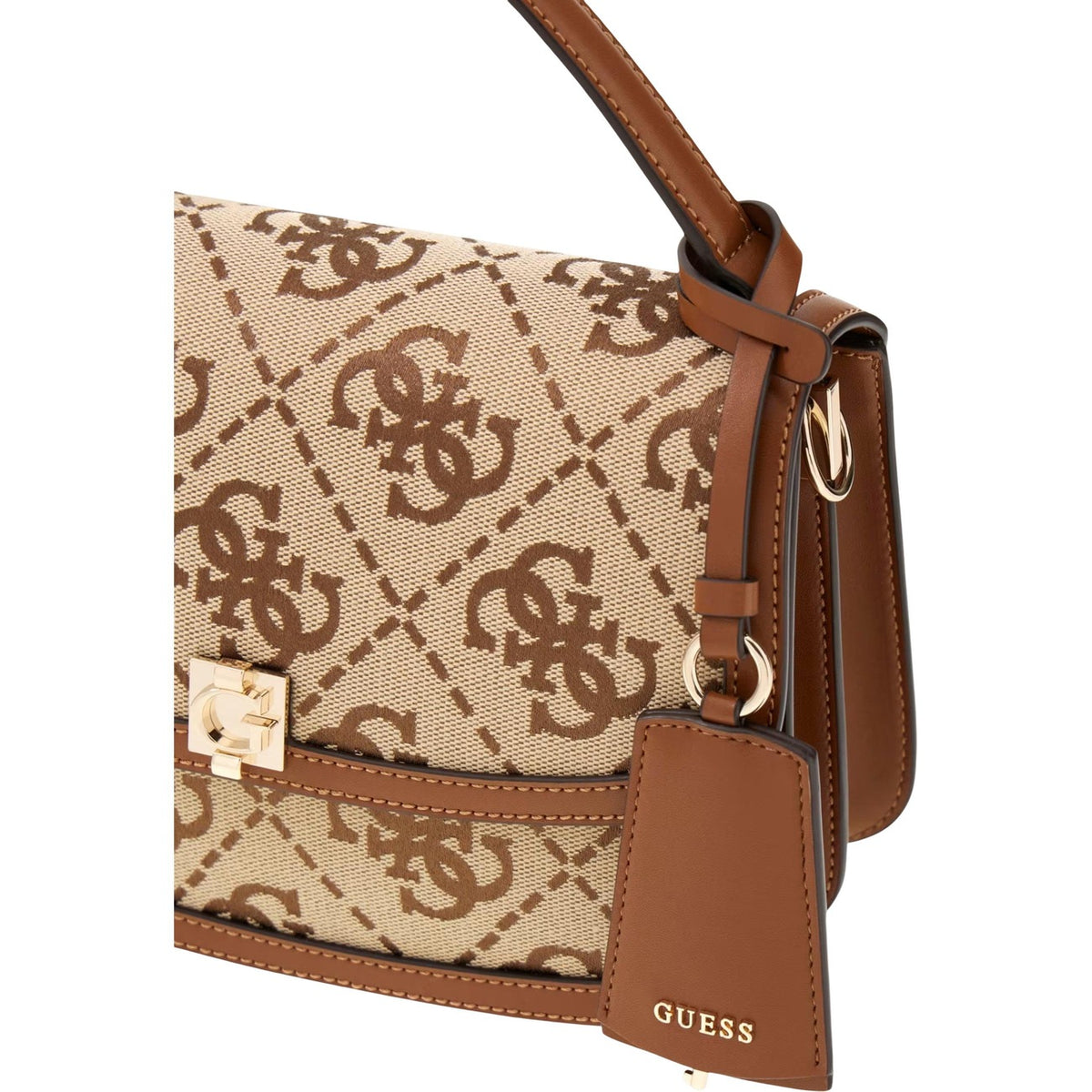 Borsa Tracolla Beige Marrone Donna Guess Audrey Logo; Struttura rigida in 100% poliestere logato con patta frontale e maxi logo G metallico. Interno diviso con zip, tracolla rimovibile, stile elegante 4 stagioni. Dettaglio