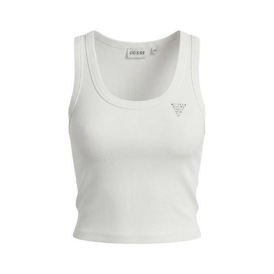 Canotta Guess Active Silvy; 94% viscosa, 6% elastam, tessuto rib. Taglio cropped, scollo ampio, logo Guess con strass. Top sportivo-chic, leggero e ultra-confortevole. Colore bianco vista frontale Stesa