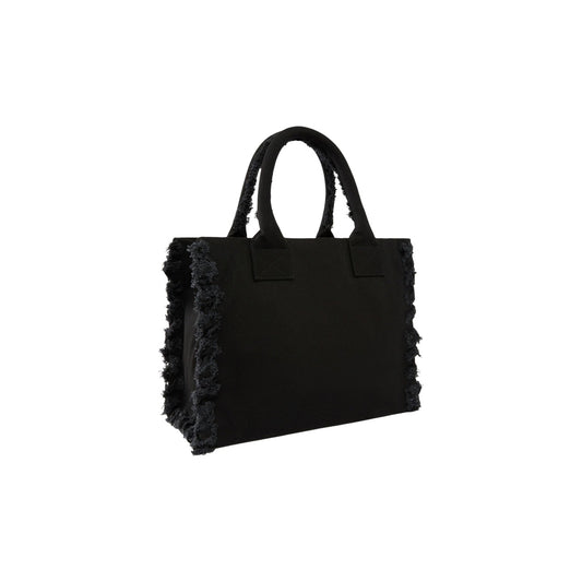 Shopper Pinko Beach Canvas; 100% Cotone. Bordi sfrangiati, logo ricamato, manici a spalla. Borsa grande estiva, morbida e resistente. Stile chic naturale. Colore nero vista posteriore