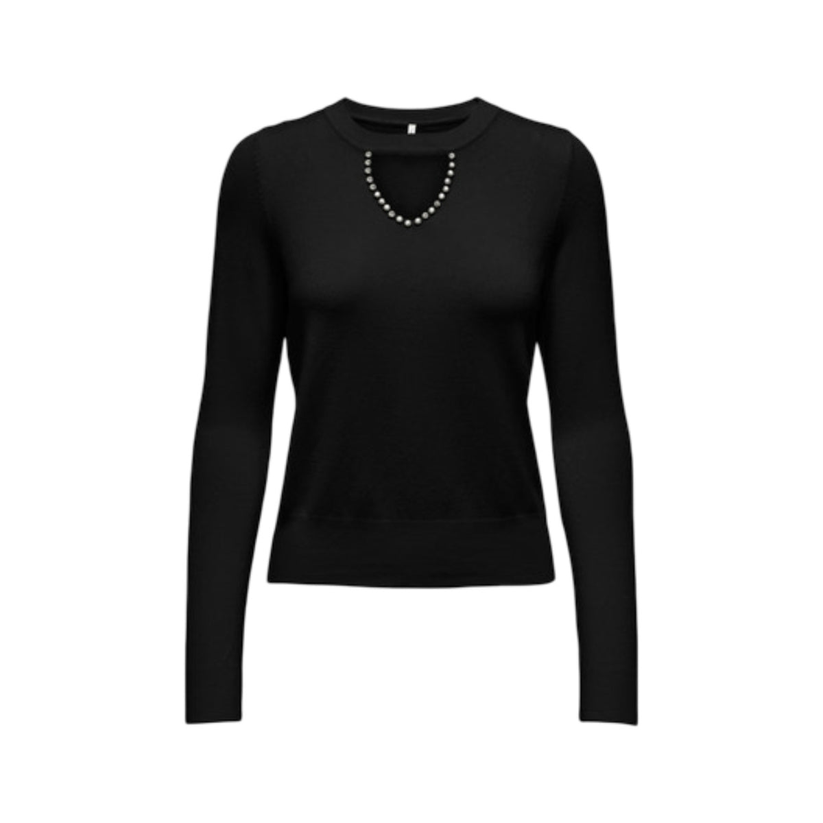 Maglione nero Only Onlvenice con scollo decorato da punti luce e taglio cut-out, maniche lunghe e tessuto morbido in viscosa e nylon. Vista frontale stesa
