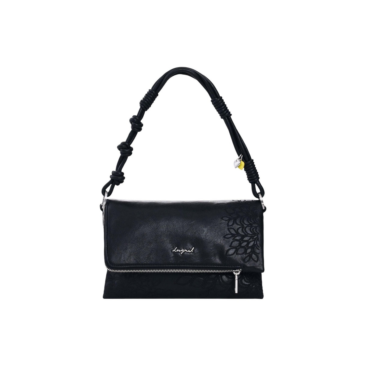 Borsa piccola con tracolle intercambiabili, ricami in effetto pelle e dettaglio di charms sulla tracolla. Vista frontale