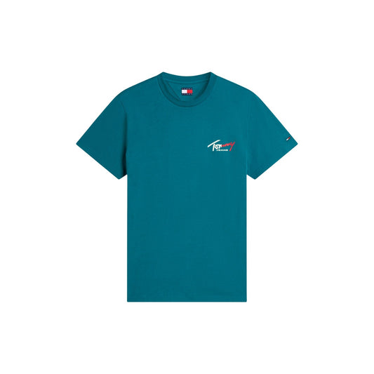 T-shirt Verde Tommy Jeans; 100% Cotone Rigenerato. Regular fit, girocollo, maniche corte. Logo ricamato, tessuto morbido e sostenibile. Stile casual iconico. Frontale stesa