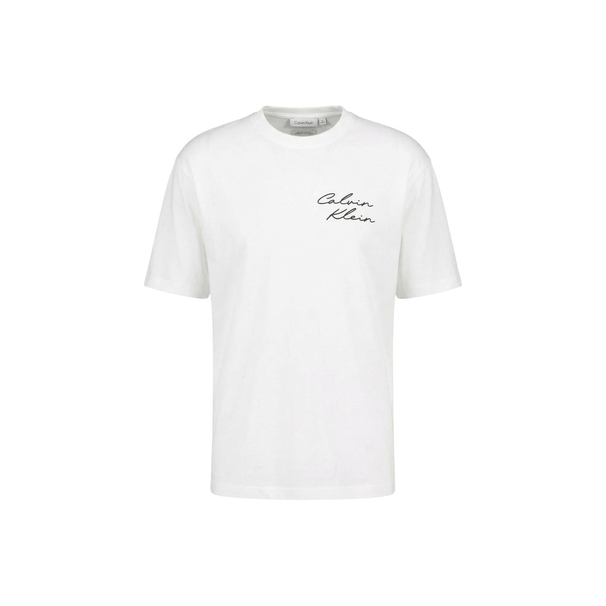 T-shirt CK Jeans Heavy Cotton; taglio rilassato, 100% cotone pesante. Ricamo logo fronte/retro, girocollo, manica corta. Stile streetwear autentico. Colore bianco vista frontale stesa