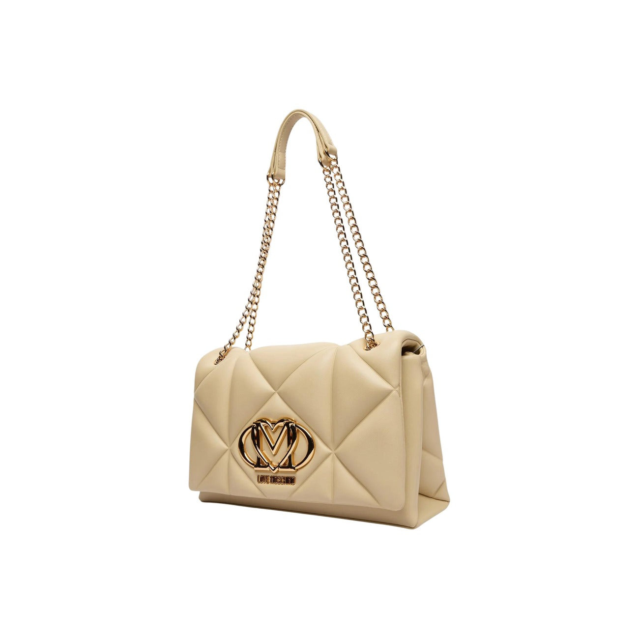 Borsa Love Moschino donna bianca trapuntata modello JC4041PP1. Borsetta media a spalla trapuntata in ecopelle bianca con manici a catena oro e logo metallico dorato, stile elegante, casual chic e da cerimonia.