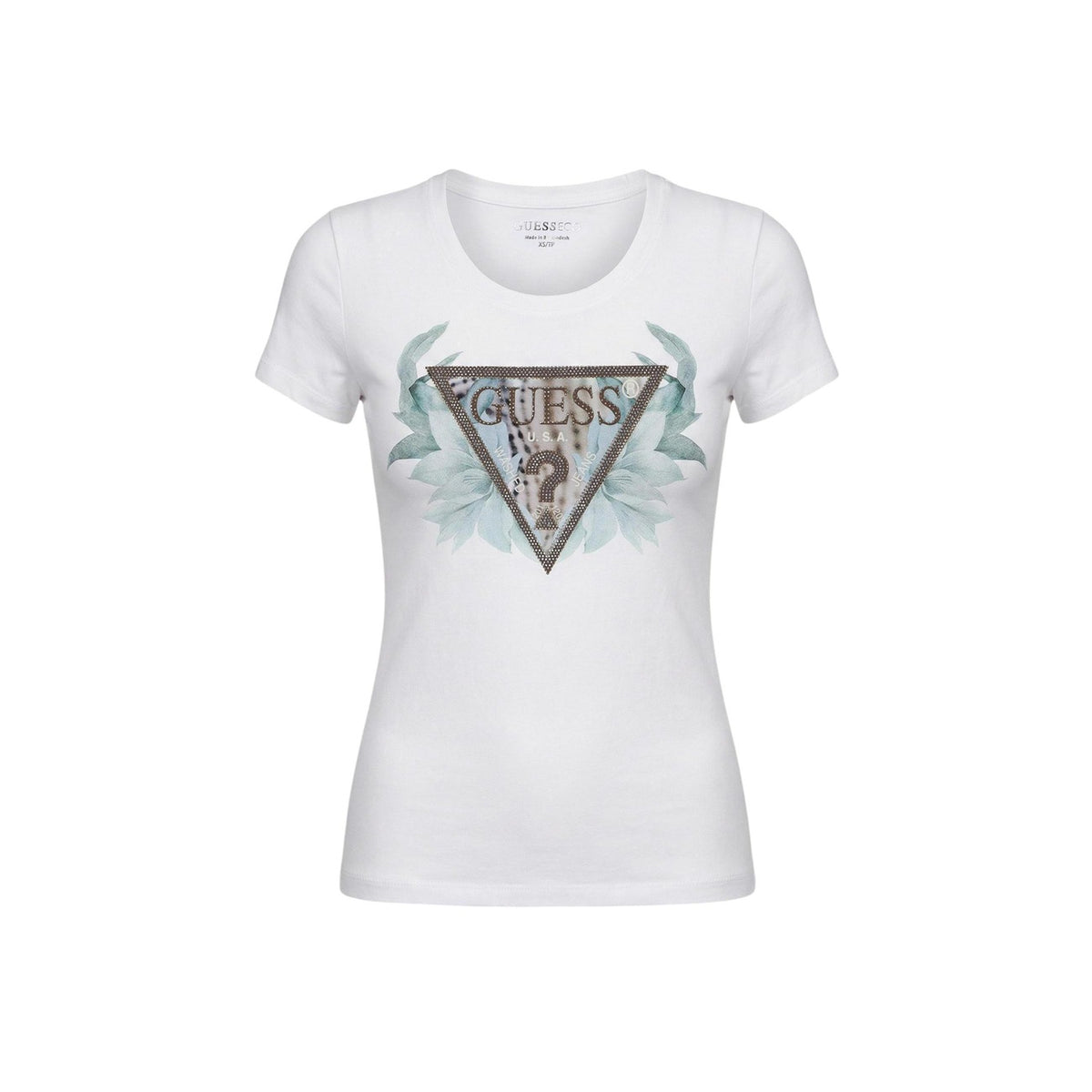 Guess Flower Triangle Tee; logo con fiori e strass, vestibilità stretch, 95% cotone. La t-shirt iconica e luminosa per completare outfit quotidiani con stile. Colore bianco. Vista frontale Stesa