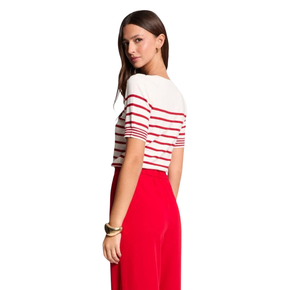 Morgan De Toi 251-MTERI, maglia a righe bianco e rosso in viscosa eco-friendly; dettagli bottoni sulla spalla, tessuto morbido e traspirante, stile moderno e femminile. Vista posteriore