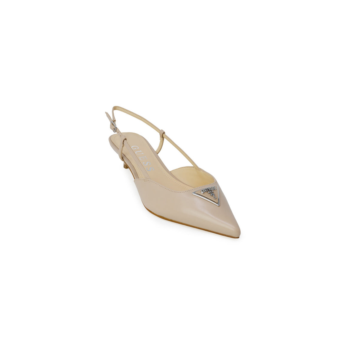 Scarpe décolleté Guess Jesson in pelle beige con tacco basso e dettaglio triangolare frontale. Vista frontale