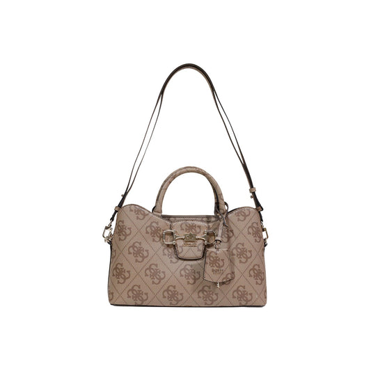 borsa a mano Guess Janie Logo Girlfriend Satchel in poliuretano beige scuro con logo all-over vista frontale Con tracolla
