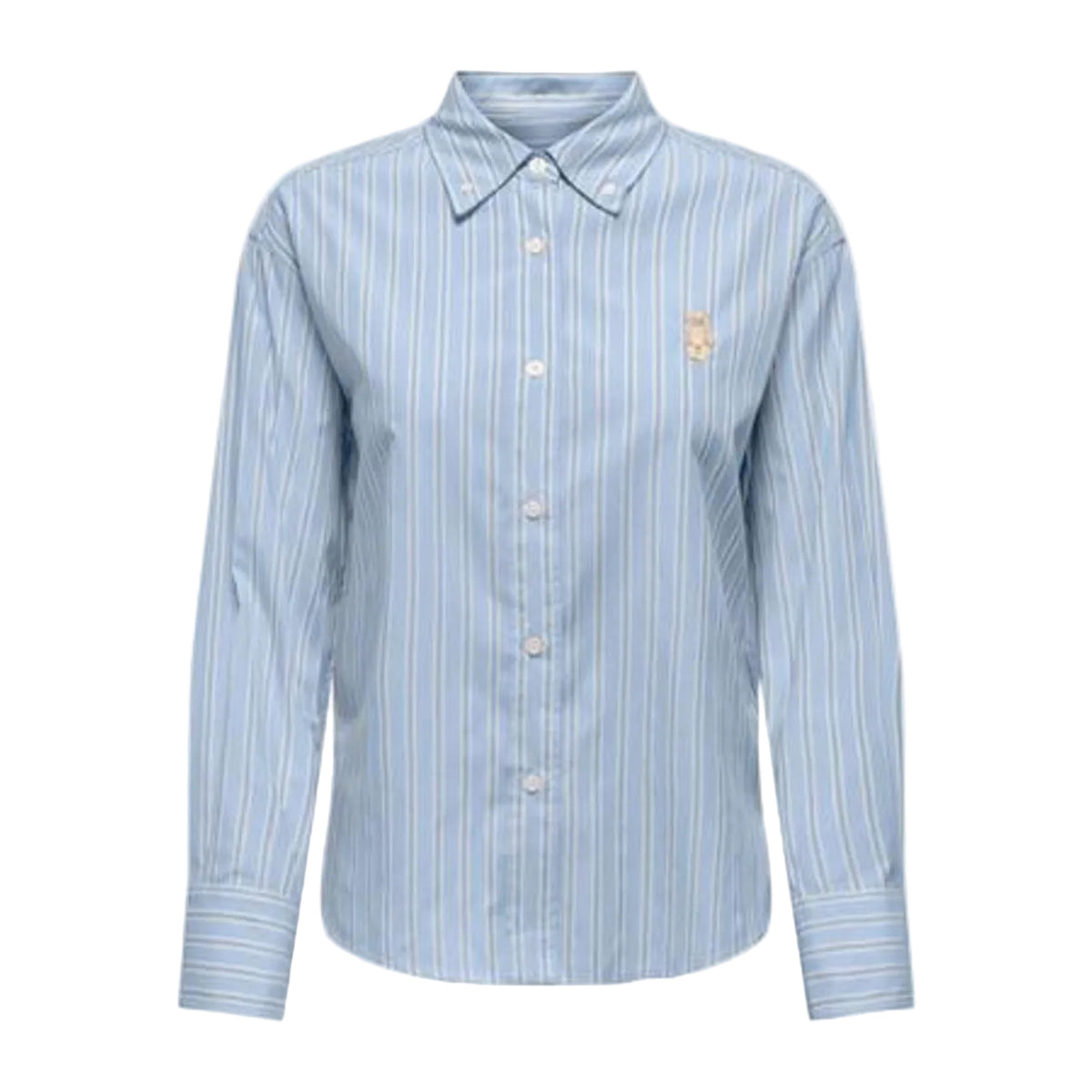 Camicia azzurra regular fit Only Onlelara con ricamo sul petto, maniche lunghe con polsini e composizione in misto viscosa traspirante. Vista frontale Stesa