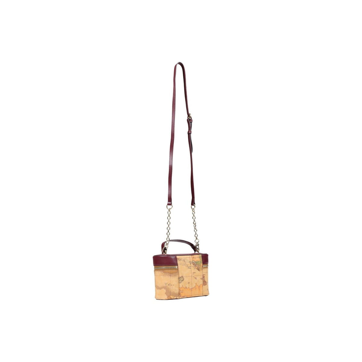 Tracollina vanity Alviero Martini 1A Classe Geo Classic bordeaux 26IL4LG36V6000304. Borsetta da sera rigida (20x13x8,5 cm) con mappa Geo Classic, finiture in pelle burgundy, chiusura a doppia zip e tracolla catena oro chiaro.