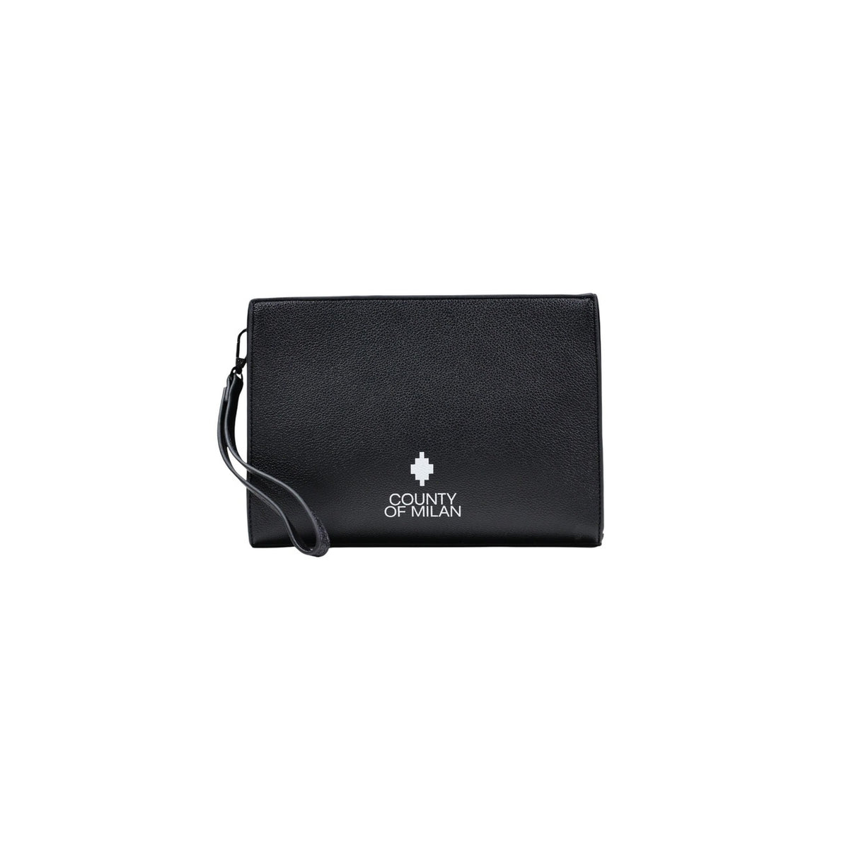 Pochette County of Milan El Coma; 100% ecopelle, struttura rigida, logo frontale. Chiusura zip, cinturino da polso, design minimalista nero. Dimensioni compatte, massima protezione per i tuoi oggetti. Vista frontale