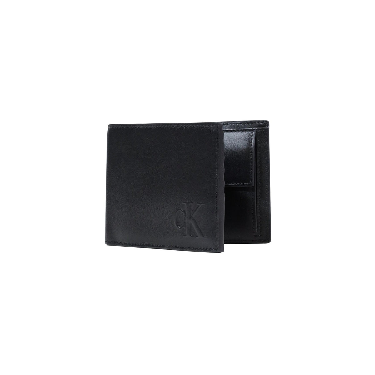 Calvin Klein Portafoglio con portamonete BOLD CK TRIFOLD Uomo Nero 13x10x2 cm Realizzato al 100% in pelle di alta qualità vista frontale semi aperto
