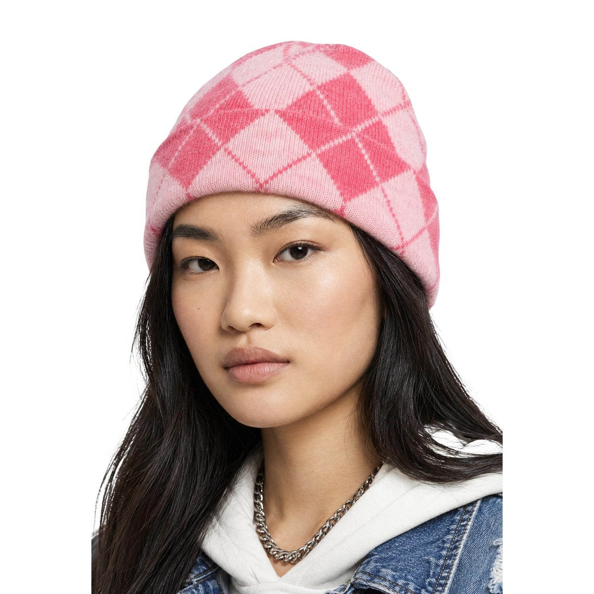 Berretto rosa donna Pieces – Cappello invernale a rombi in maglia riciclata PCADELE HOOD 17166778.