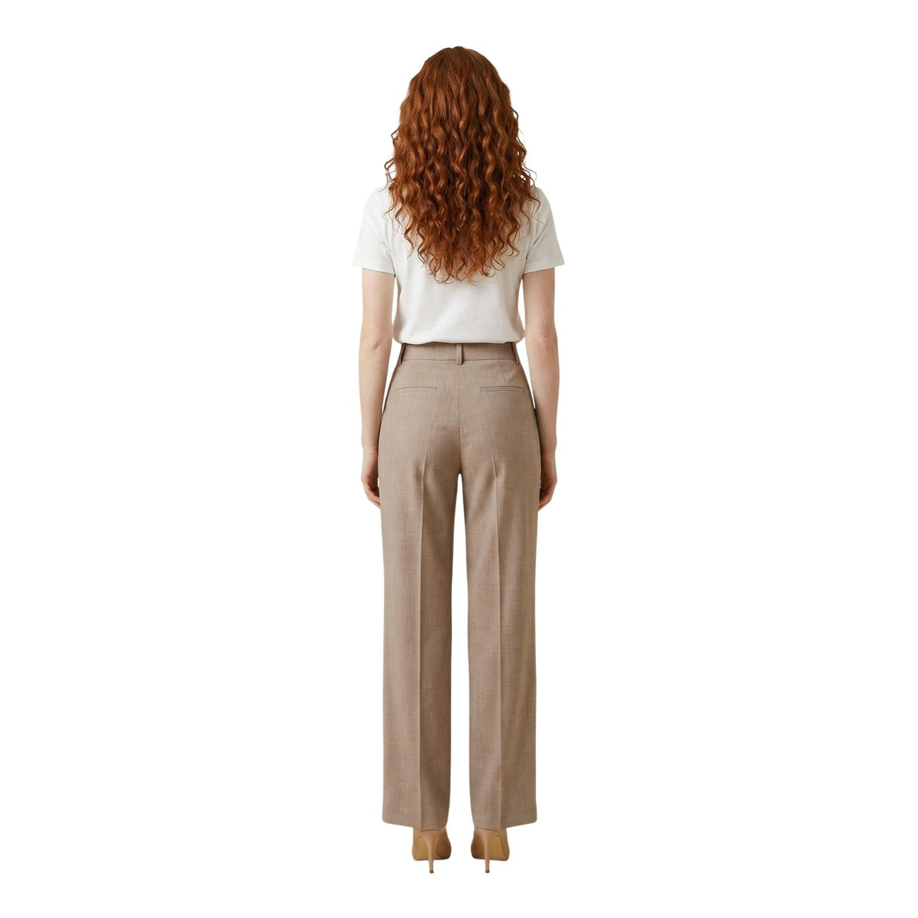 Liu Jo Pantalone Palazzo beige WA6167; misto viscosa antipiega, taglio a vita alta, gamba ampia e fluida. Comfort stretch e stile senza tempo. Vista posteriore