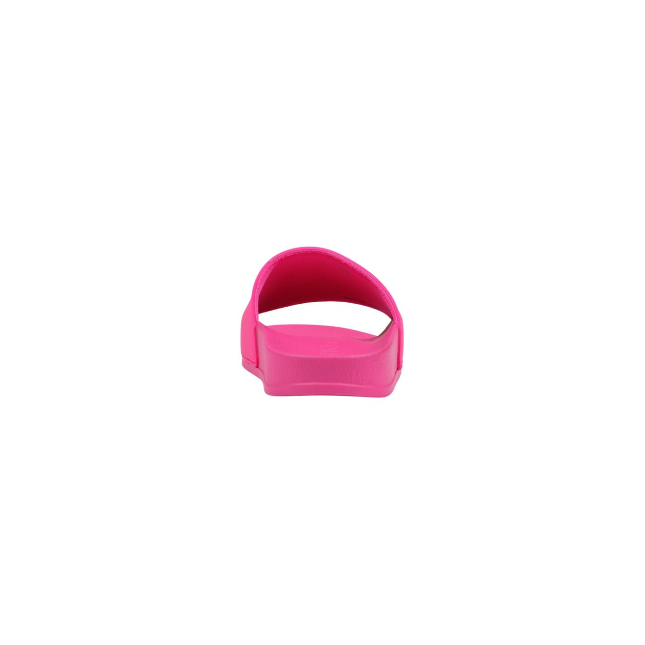 Slide Pinko DILLY 01; 100% PVC. Logo Love Birds in rilievo, fascia ampia, suola sagomata. Ciabatte donna resistenti e facili da pulire per la PE26. Colore fucsia vista posteriore