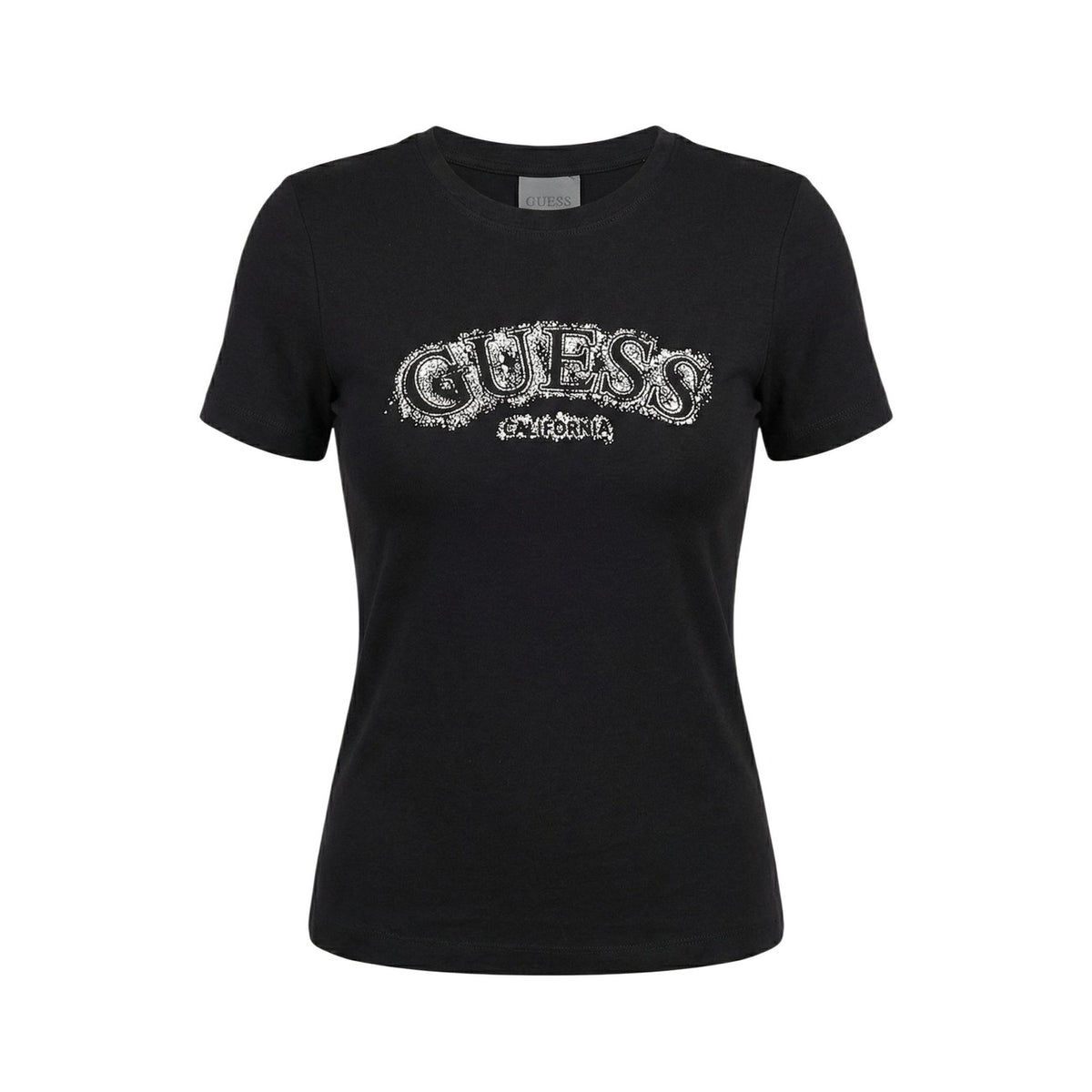 t-shirt nera a maniche corte da donna Guess LEONA. Realizzata in una morbida miscela di viscosa (96%) ed elastam/lycra (4%), logo Guess in rilievo sul petto, arricchito da dettagli decorativi. Scollo tondo Vista stesa