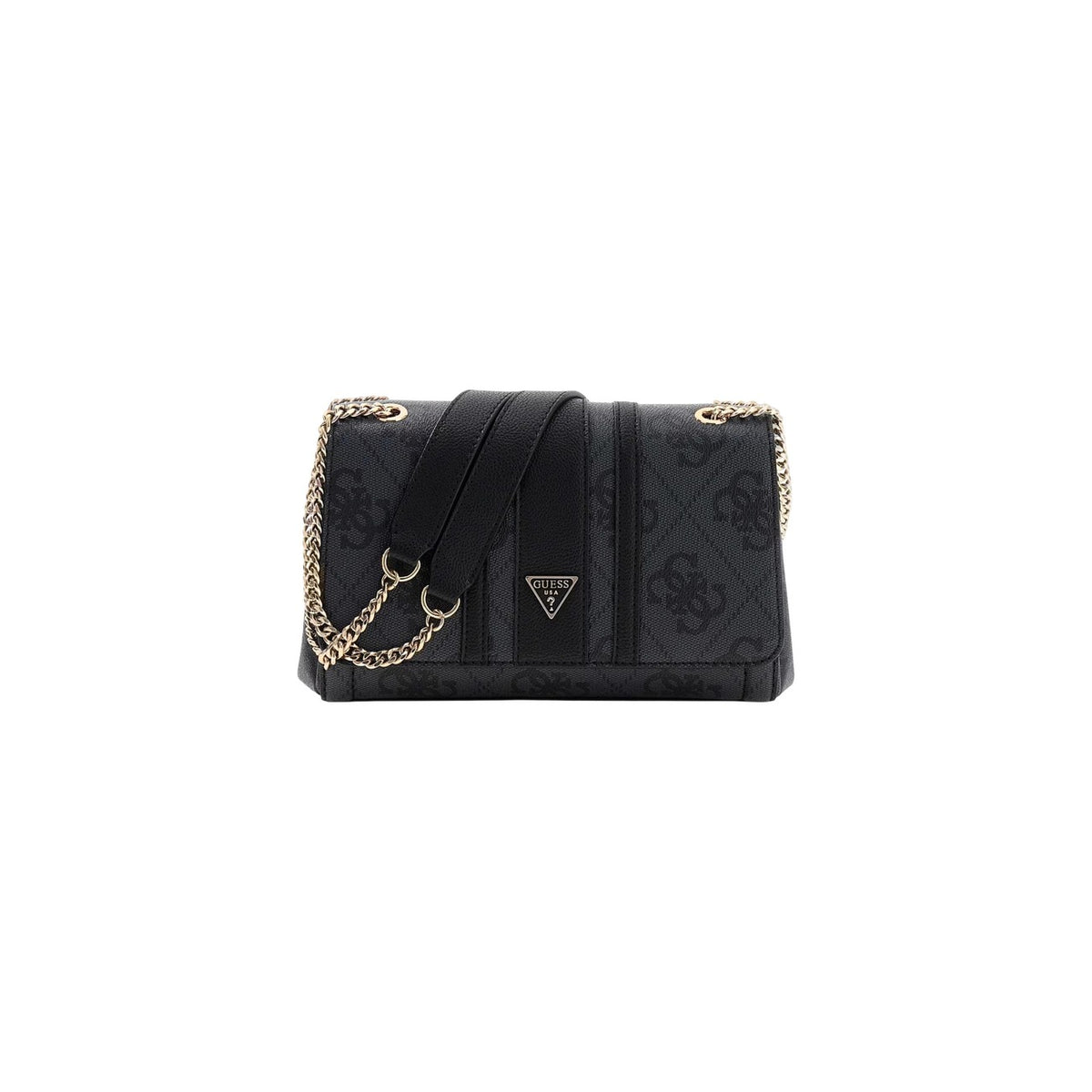 Borsa a Spalla Grigia Donna Guess Elsie; Similpelle monogram in rilievo con patta, cerniera lampo e dettagli oro. Tracolla in catena e finitura lussuosa quattro stagioni. Frontale