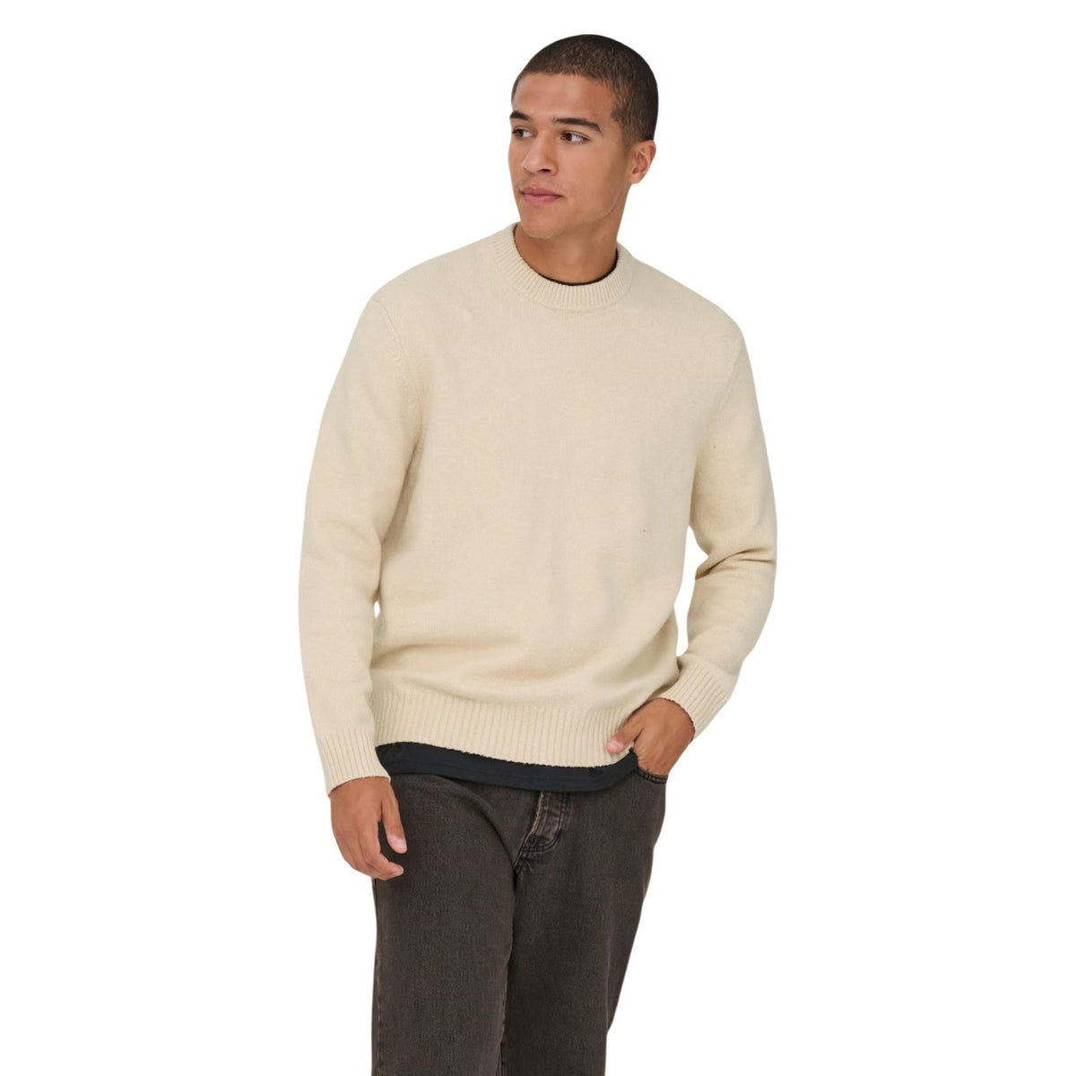 Pullover beige uomo girocollo Only & Sons 22033783. Maglione morbido a maniche lunghe vestibilità comoda in misto cotone, lana ed elastan.