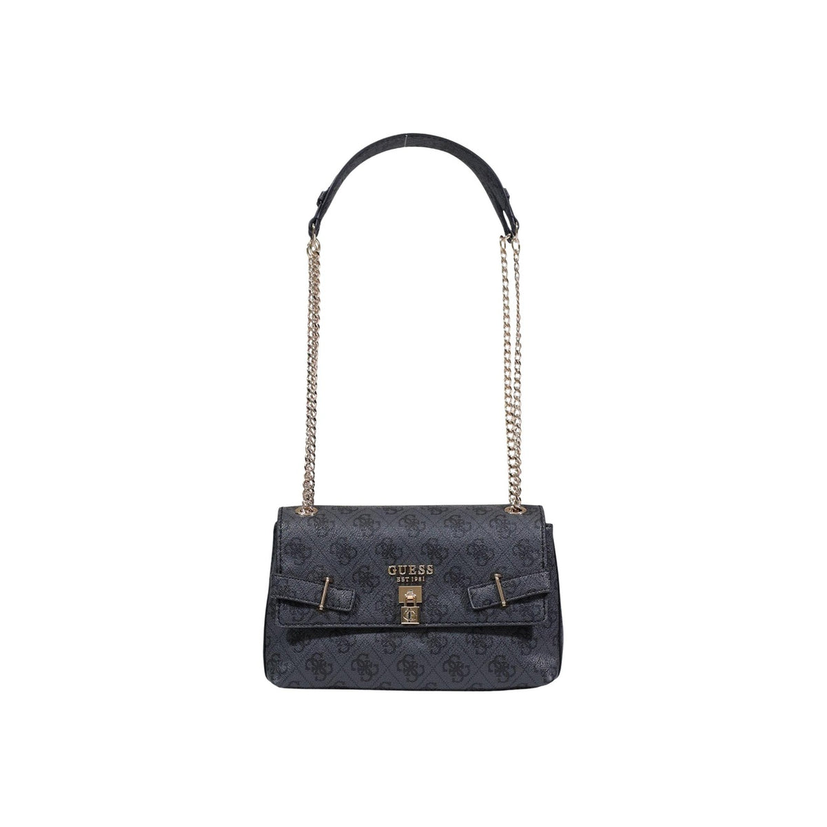 Borsa Guess Yesba Convertible Xbody; 100% Poliuretano. Chiusura con patta e fibbia, dettagli metallici, tracolla removibile. Borsa media elegante, versatile e sicura. Colore nero 4G. Vista frontale