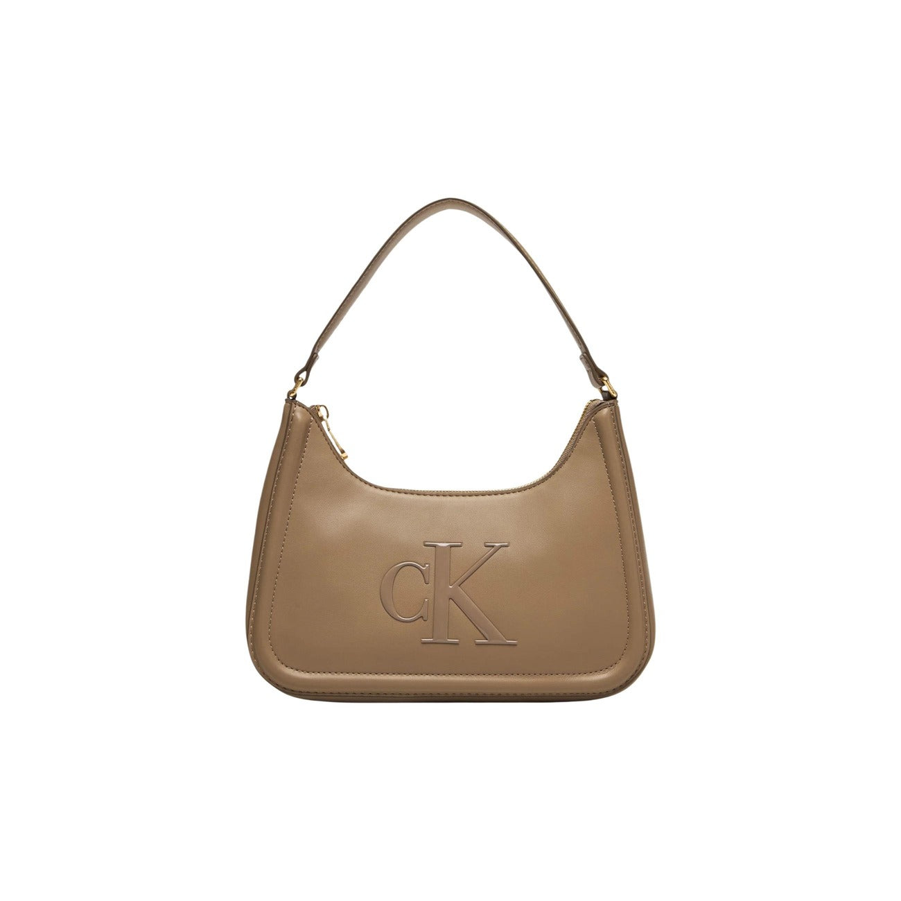 Calvin Klein Raised CK Shoulder Bag; mini borsa beige con logo monogramma 3D, chiusura a cerniera e manico fisso. Accessorio moderno e sofisticato firmato CK.