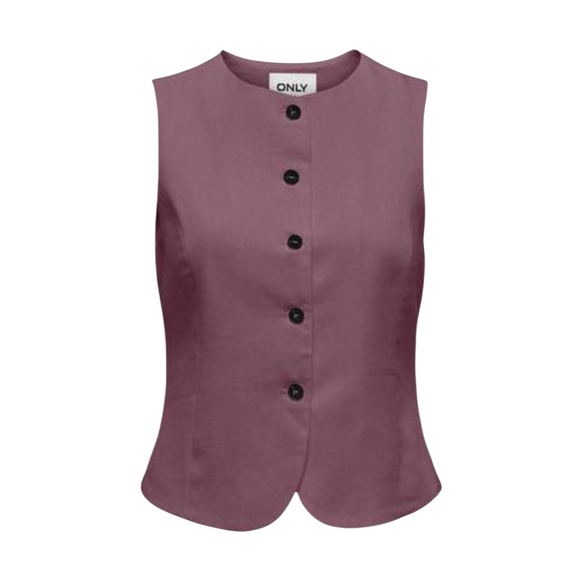 Only Gilet bordeaux Onlgoa Lino-Viscosa; chiusura a 5 bottoni, scollo arrotondato, tessuto leggero. Perfetto per tailleur estivi o look a pelle. Vista frontale stesa