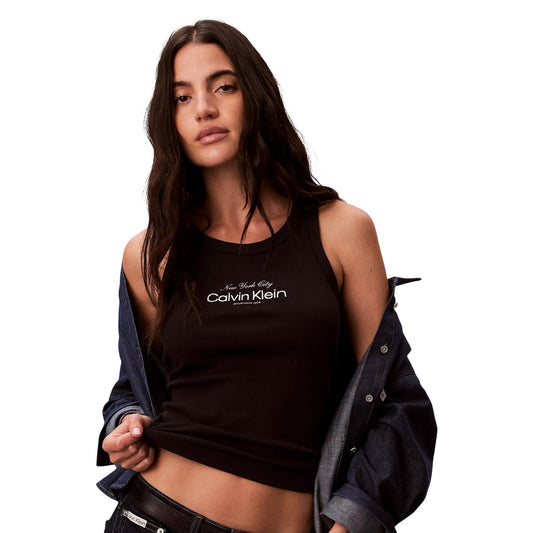 Calvin Klein Ribbed Tank Top; 95% cotone, tecnologia Lycra® FREEF!T®, vestibilità slim, senza maniche. Il basic moderno ad alta elasticità Colore nero. Vista frontale