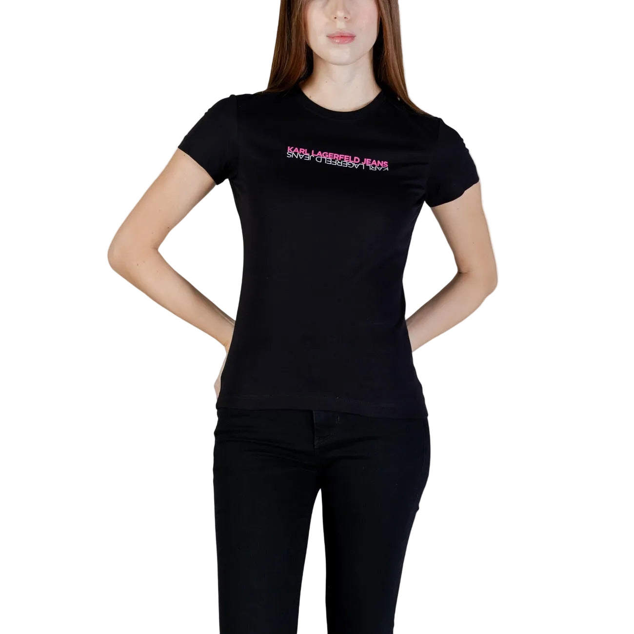 T-shirt donna Karl Lagerfeld Jeans SLIM SS REFLECTION TEE nera in cotone a maniche corte con logo riflettente