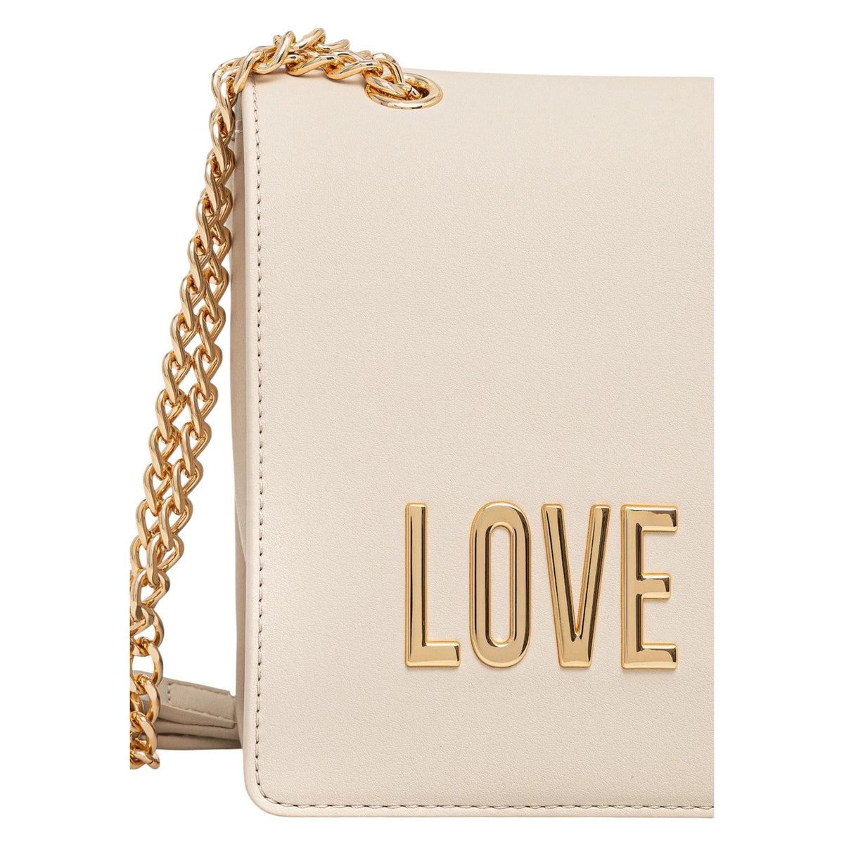 Borsa Love Moschino donna bianca a spalla modello JC4192PP1. Borsetta media con patta bianca, tracolla a catena oro e maxi logo scritte dorate sul davanti, stile elegante, casual chic e da giorno o estate.