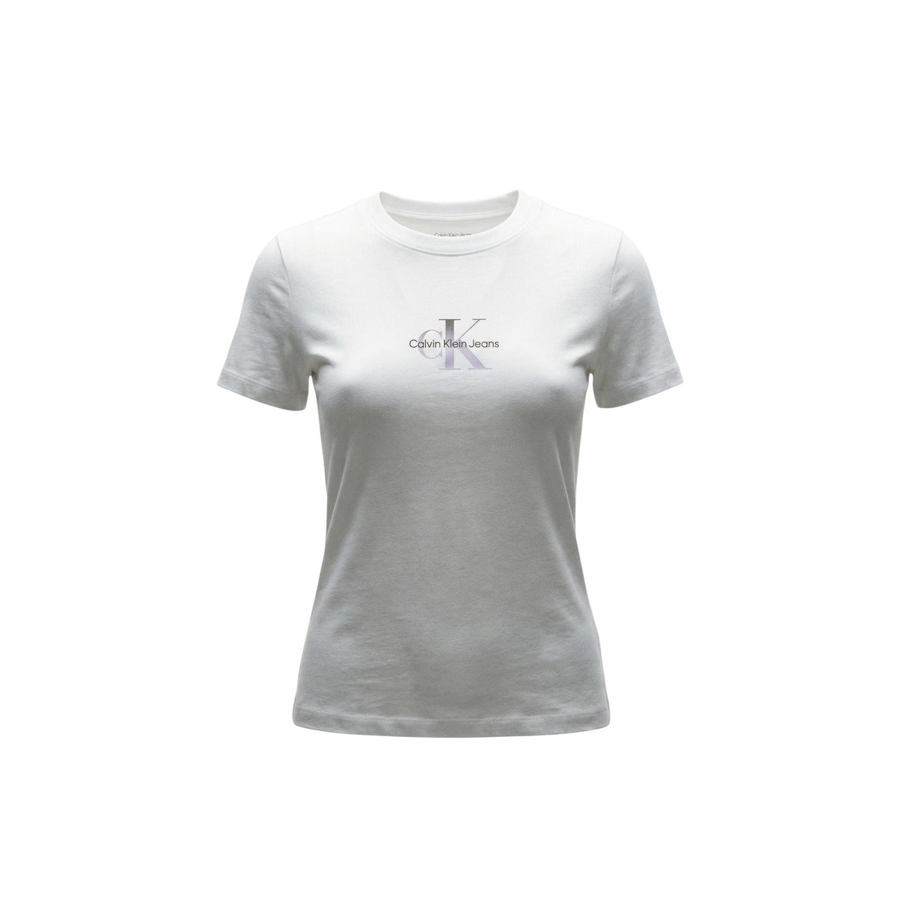 T-shirt CK Jeans Gradient Monologo; 95% Cotone, 5% Elastan. Vestibilità slim, manica corta, logo CK sfumato sul petto. Maglia donna elastica, fresca e iconica. Colore bianco: vista frontale Stesa