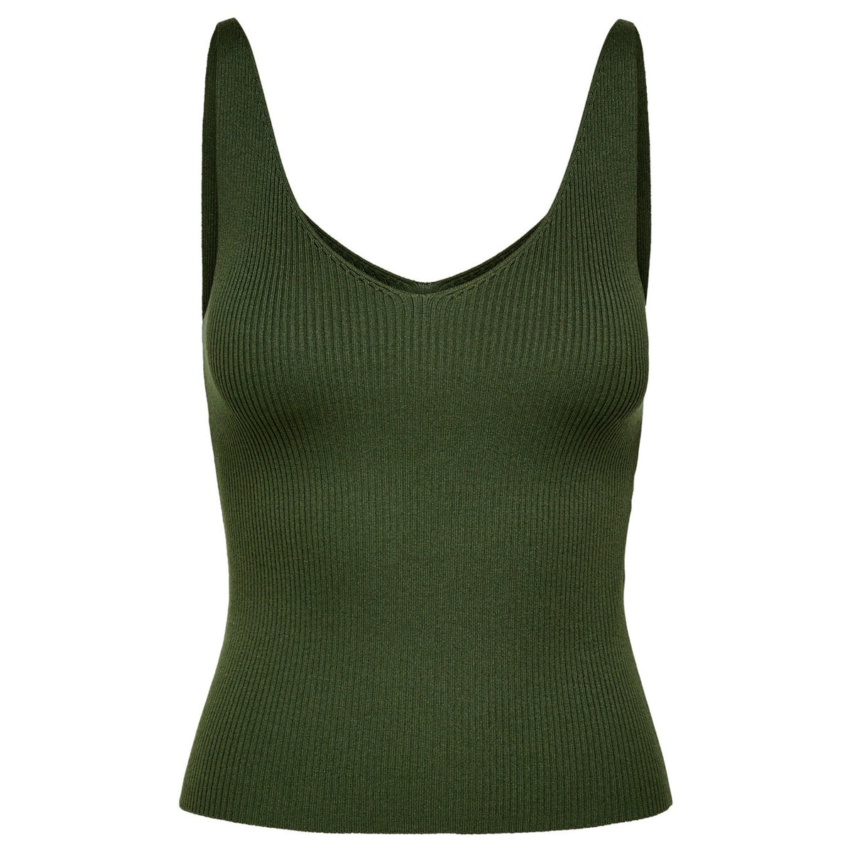 Canotta JDY Anna; Verde. 80% Viscosa, 20% Nylon. Maglia leggera, scollatura a V profonda, vestibilità slim. Capo essenziale e morbido, stile casual-chic.