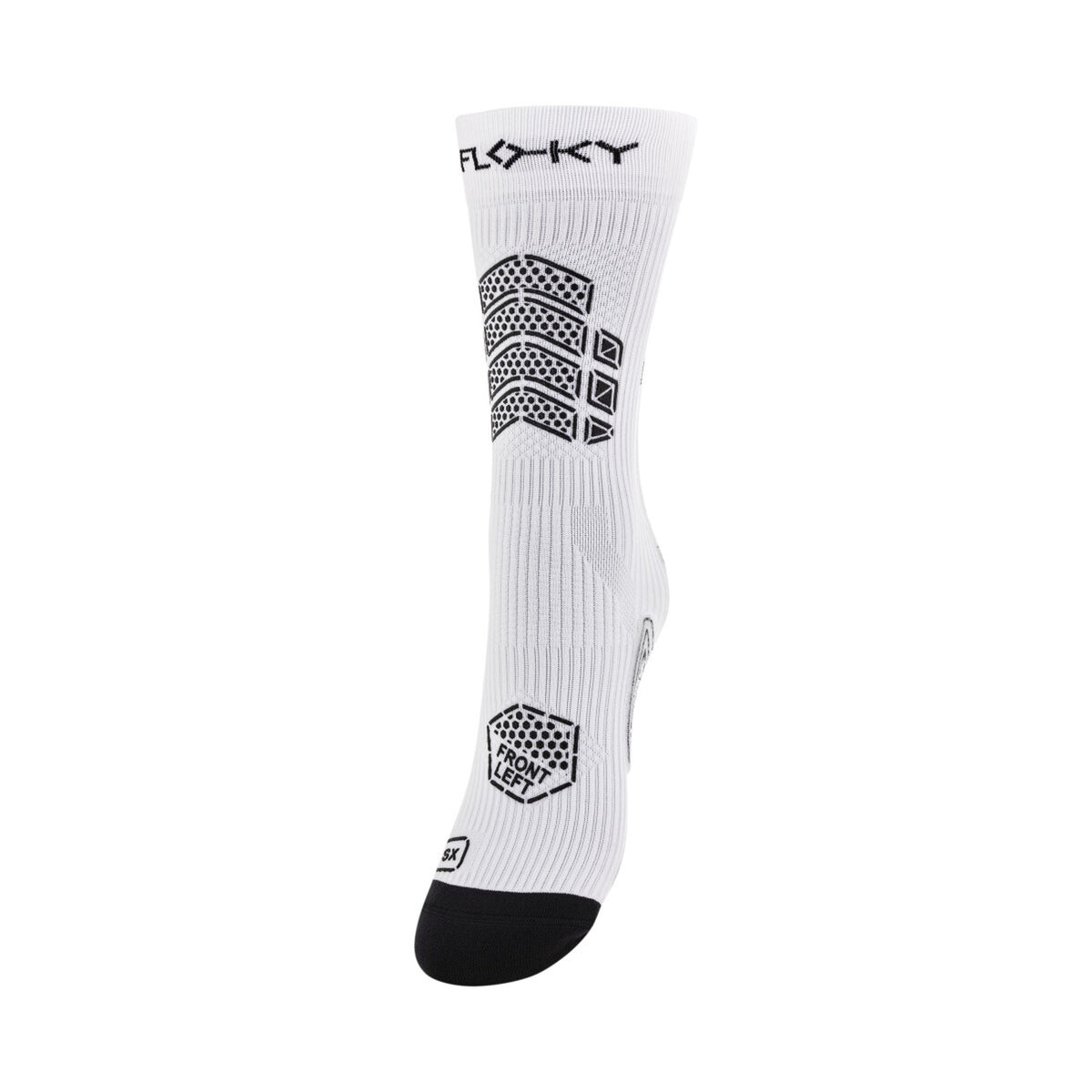 Floky AXSIST 2.0 Football Socks; tecnologia Kinesio Tape, grip integrato, compressione graduata e filato da plastica riciclata. La calza definitiva per stabilità e recupero. Colore bianco. Vista frontale Stesa