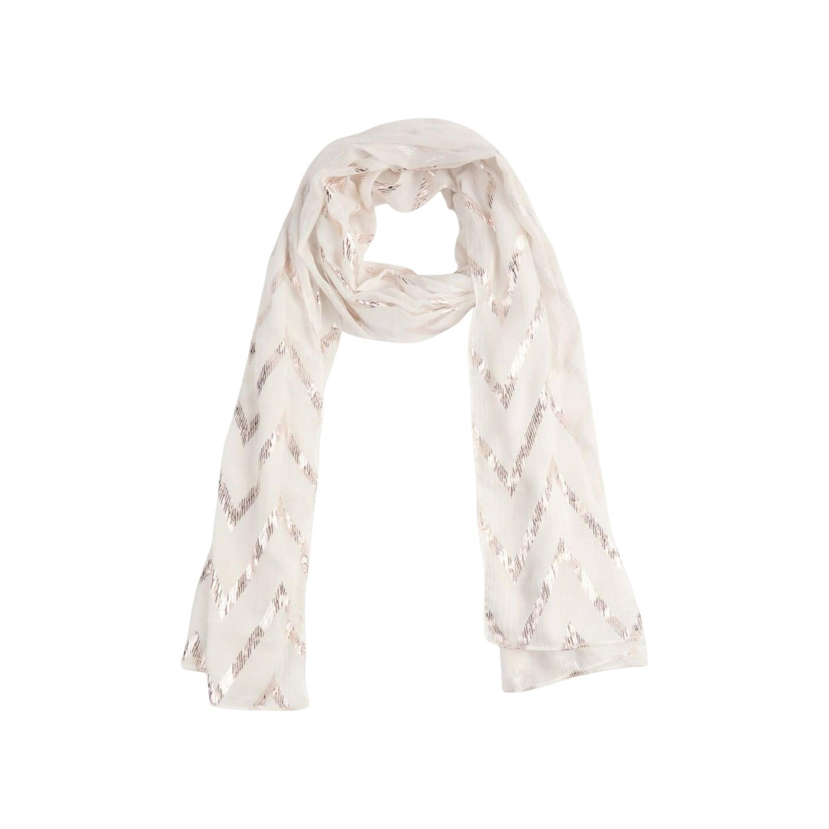 Sciarpa Morgan De Toi 5ROSE; 100% poliestere, motivo zig-zag metallizzato. Texture leggera e trasparente, effetto seta, ideale per le mezze stagioni. Accessorio chic, versatile e ultra-femminile.