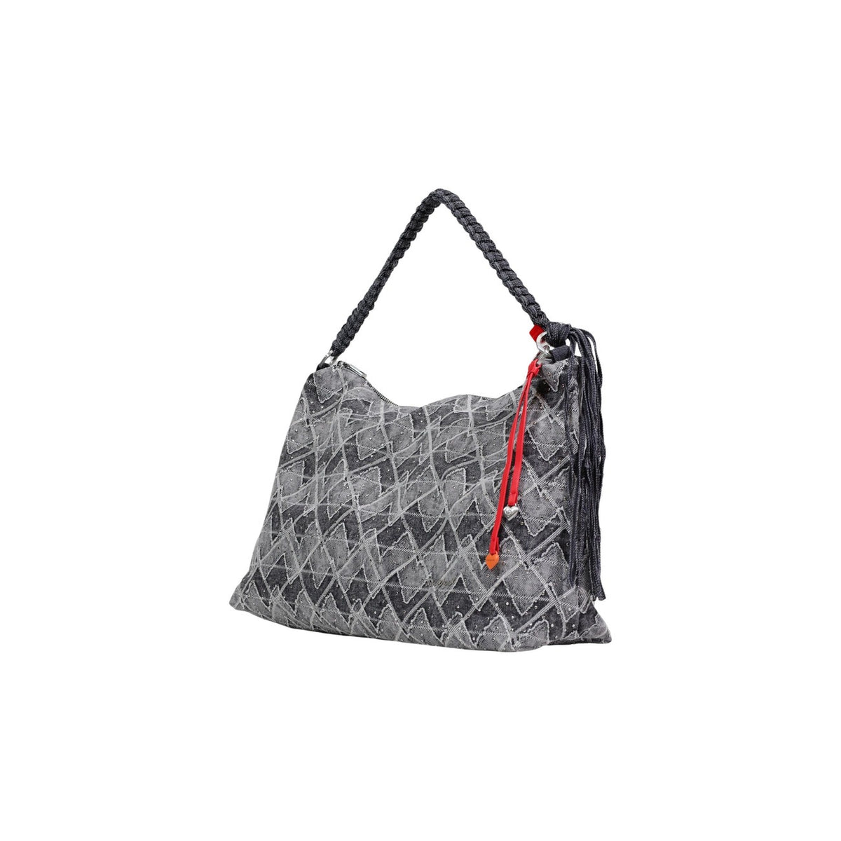 Borsa media di forma rettangolare con tracolle intercambiabili, design con applicazioni metalliche e charm rimovibile. Vista frontale laterale