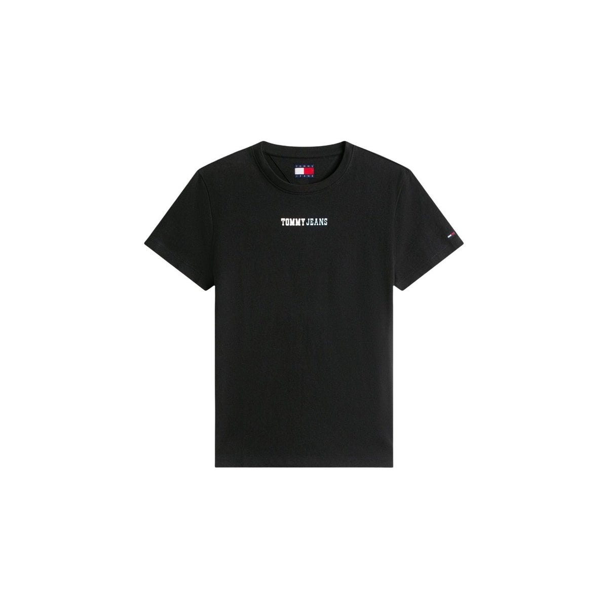 Tommy Jeans T-shirt DW0DW22277; 100% cotone riciclato, scollo rotondo, logo ricamato. Il basic sostenibile e iconico per ogni stagione. Colore nero. Vista frontale stesa